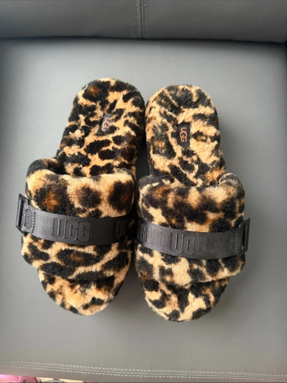UGG Leopard Faux-Fur Slide Platform Sandals - Black/Brown